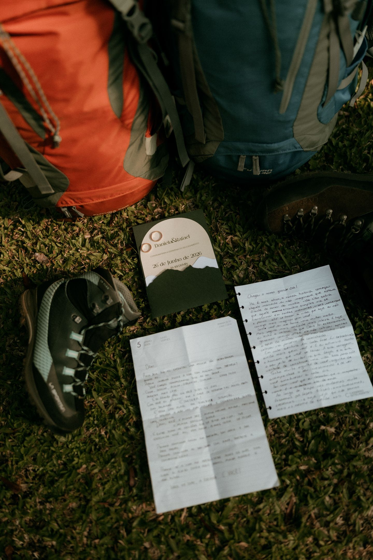 Outdoor travel gear arranged before a camping trip